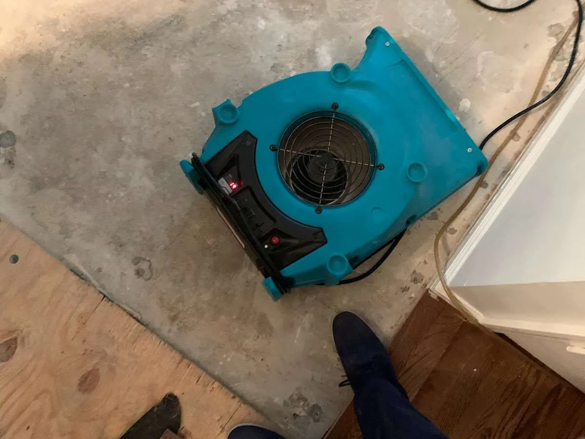 Air mover drying subfloor during Commercial Water Damage Restoration in Passaic